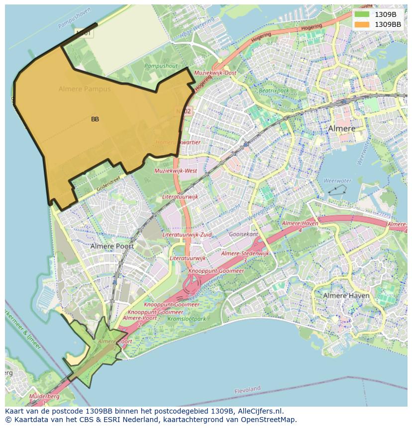 Afbeelding van het postcodegebied 1309 BB op de kaart.