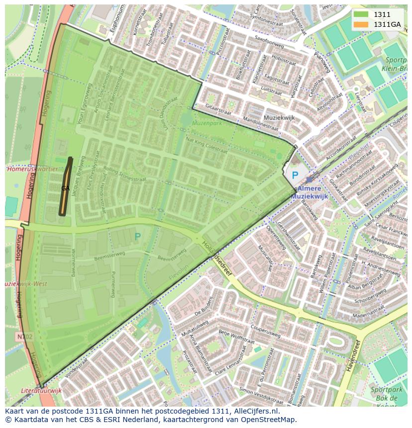 Afbeelding van het postcodegebied 1311 GA op de kaart.