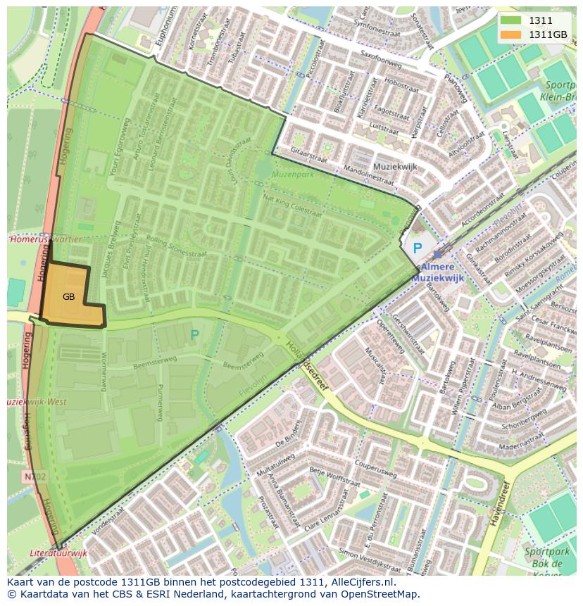 Afbeelding van het postcodegebied 1311 GB op de kaart.