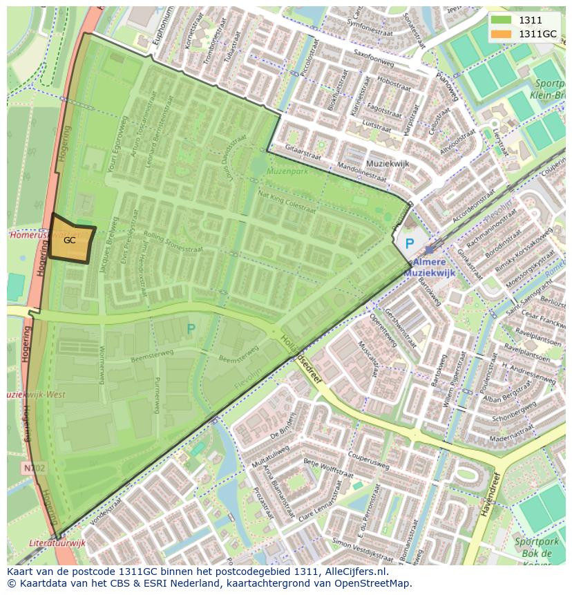 Afbeelding van het postcodegebied 1311 GC op de kaart.