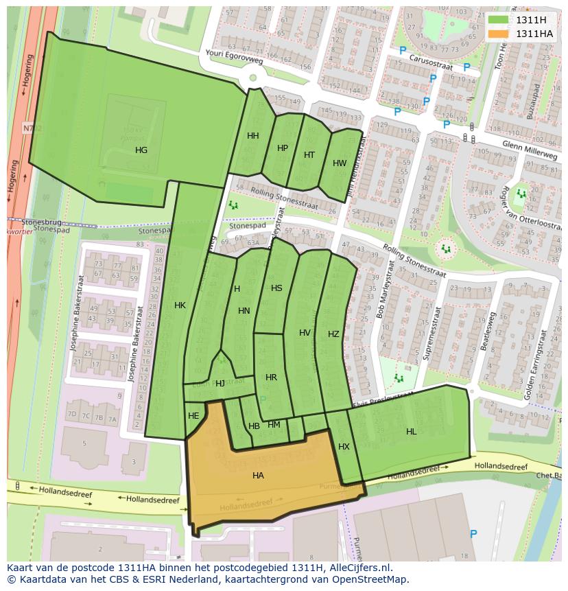 Afbeelding van het postcodegebied 1311 HA op de kaart.