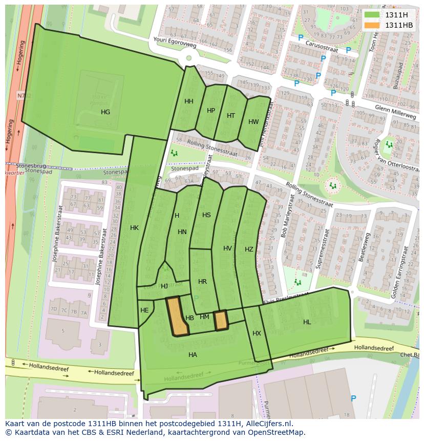 Afbeelding van het postcodegebied 1311 HB op de kaart.