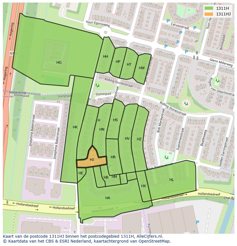 Afbeelding van het postcodegebied 1311 HJ op de kaart.
