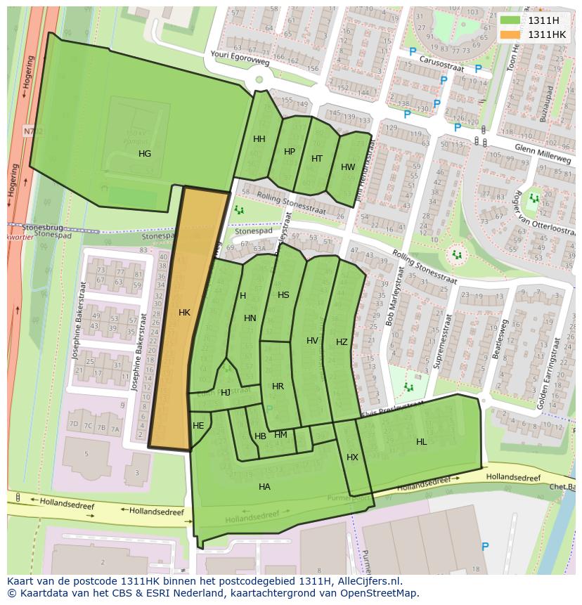 Afbeelding van het postcodegebied 1311 HK op de kaart.