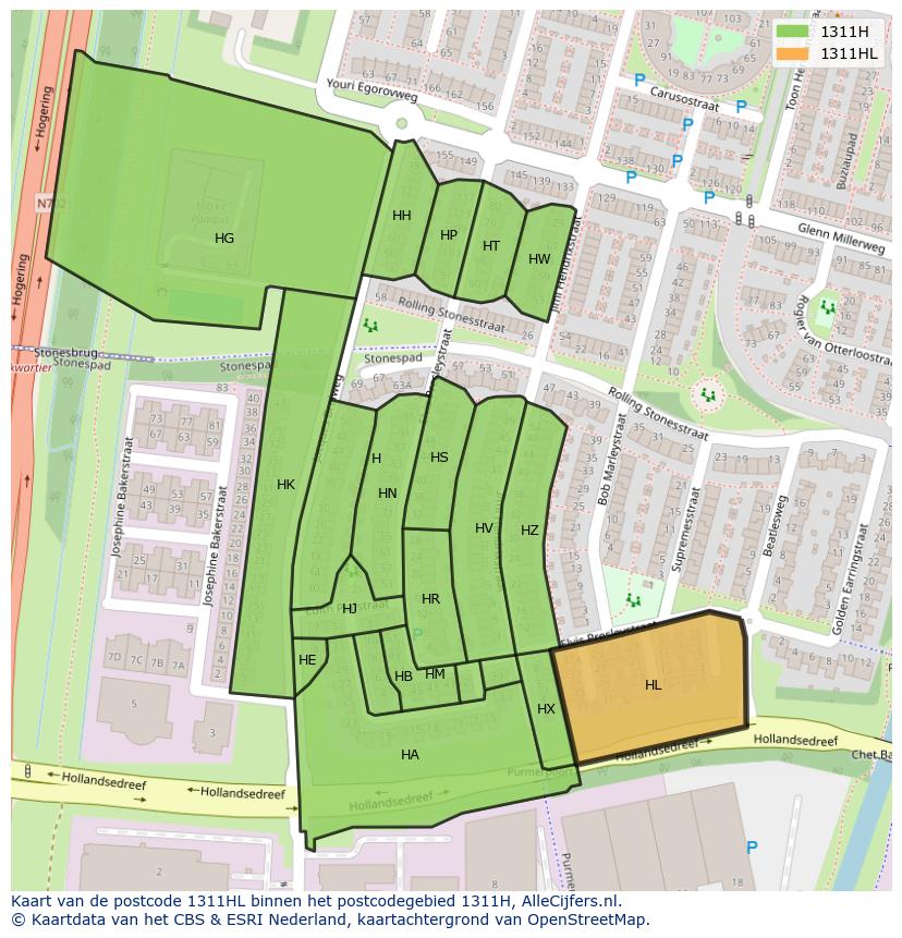 Afbeelding van het postcodegebied 1311 HL op de kaart.