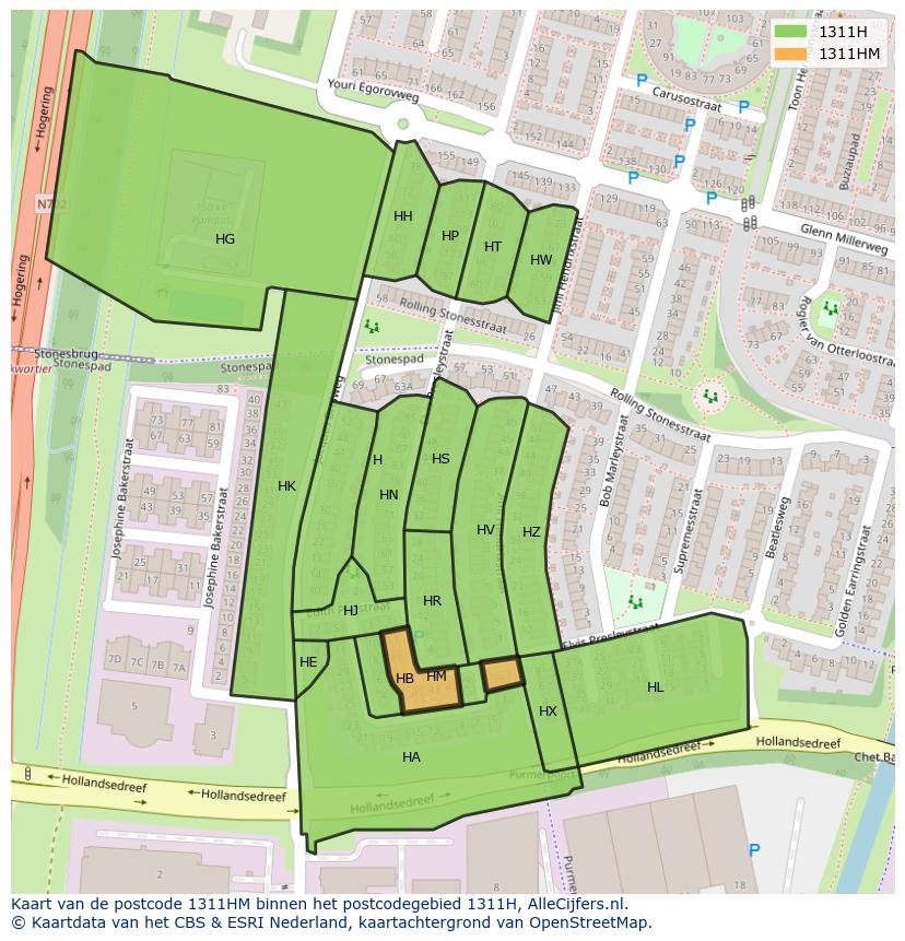 Afbeelding van het postcodegebied 1311 HM op de kaart.
