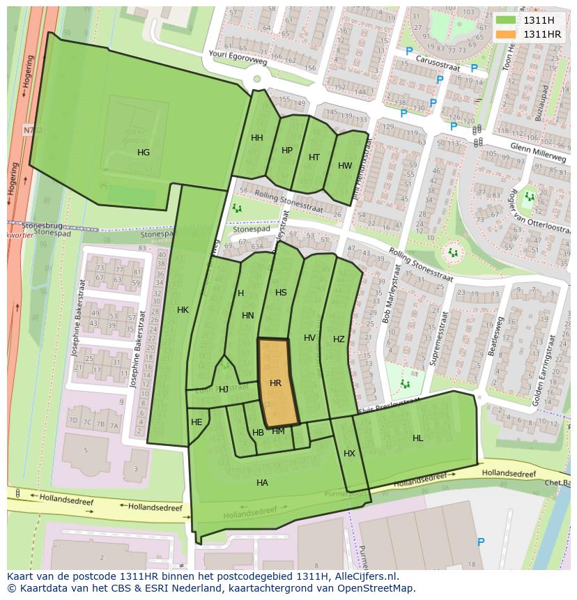 Afbeelding van het postcodegebied 1311 HR op de kaart.