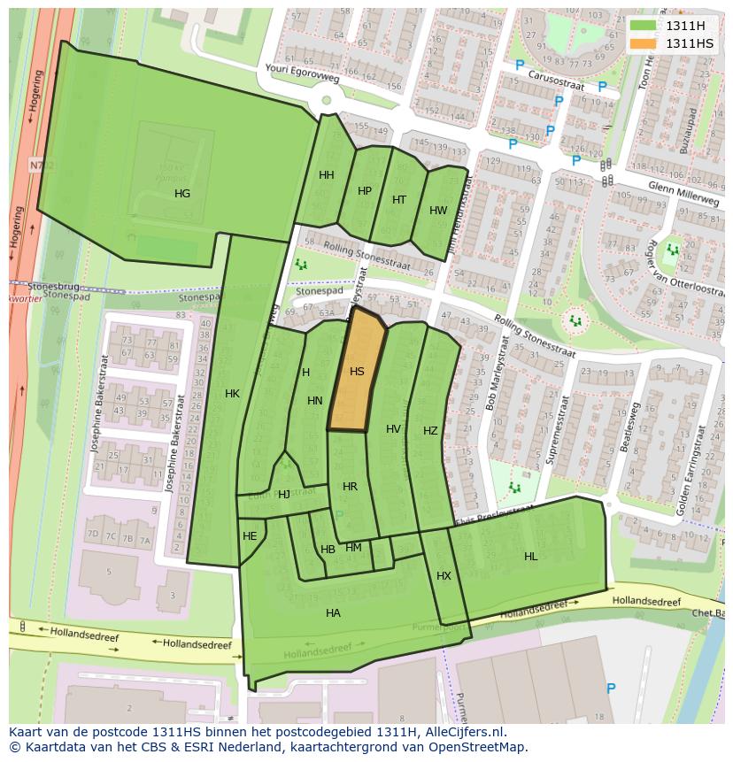 Afbeelding van het postcodegebied 1311 HS op de kaart.