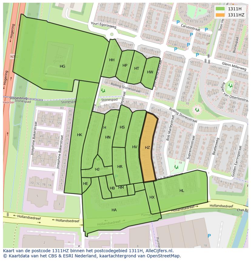 Afbeelding van het postcodegebied 1311 HZ op de kaart.