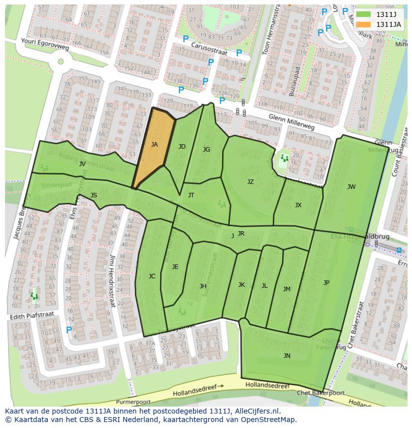 Afbeelding van het postcodegebied 1311 JA op de kaart.