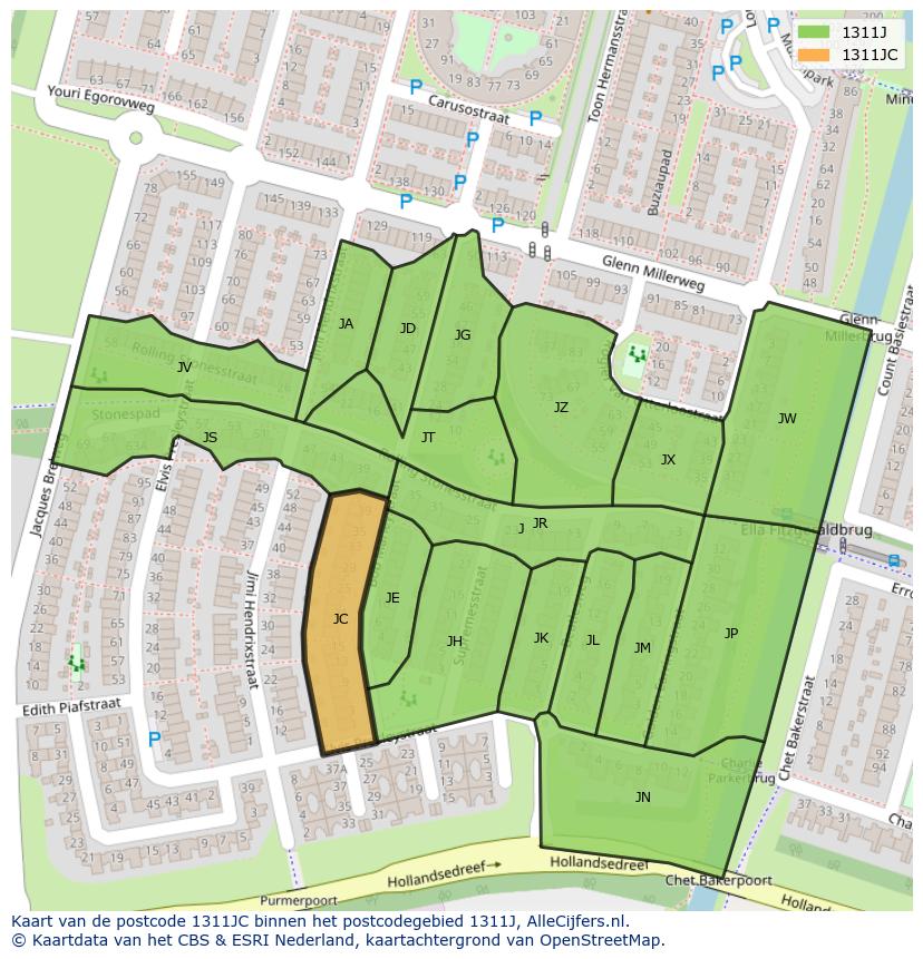 Afbeelding van het postcodegebied 1311 JC op de kaart.
