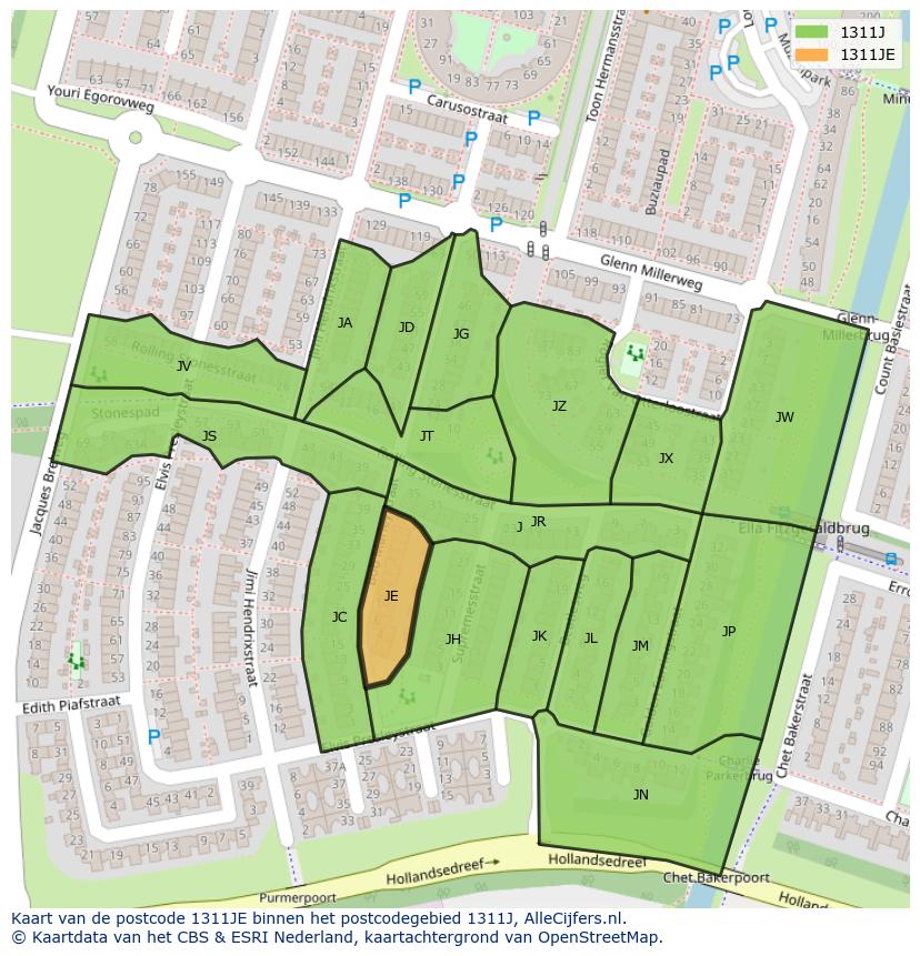 Afbeelding van het postcodegebied 1311 JE op de kaart.