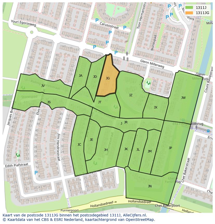 Afbeelding van het postcodegebied 1311 JG op de kaart.