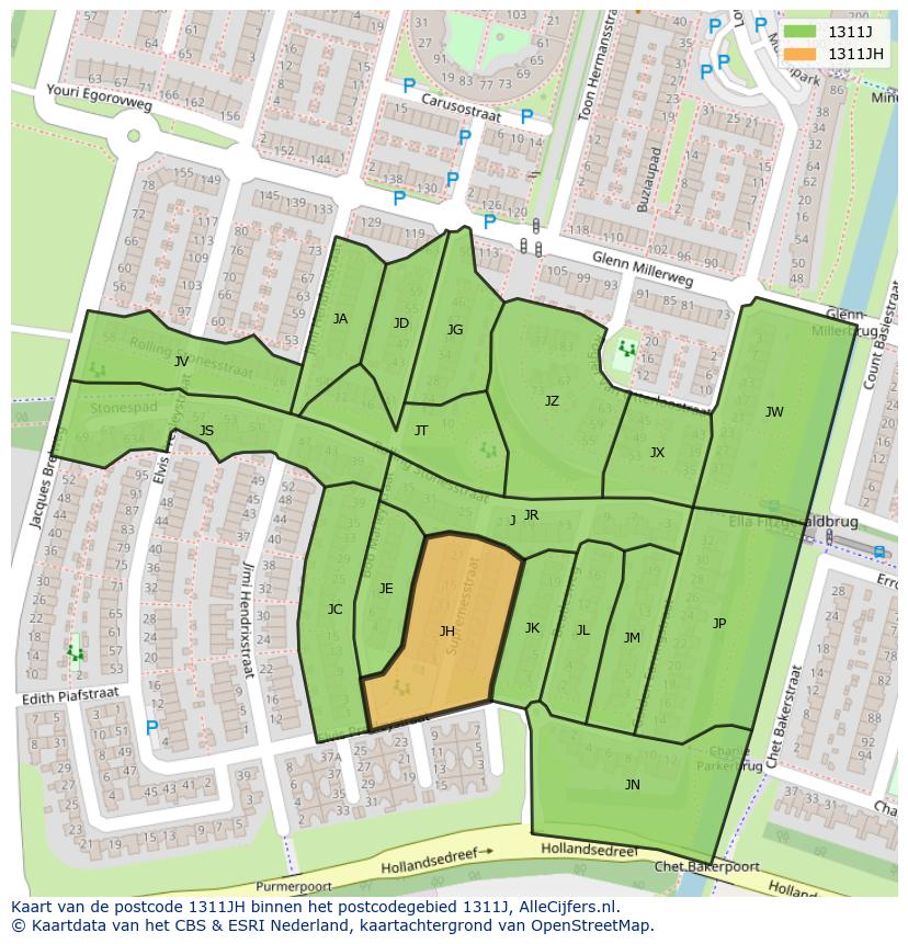 Afbeelding van het postcodegebied 1311 JH op de kaart.