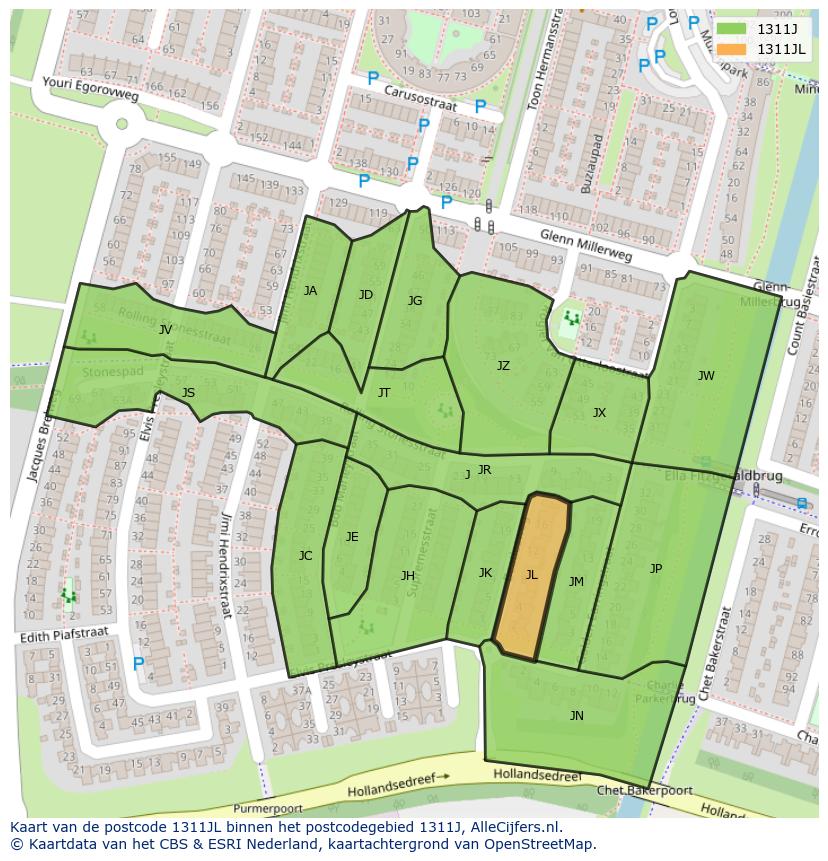 Afbeelding van het postcodegebied 1311 JL op de kaart.