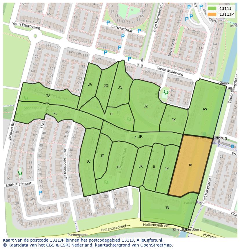 Afbeelding van het postcodegebied 1311 JP op de kaart.