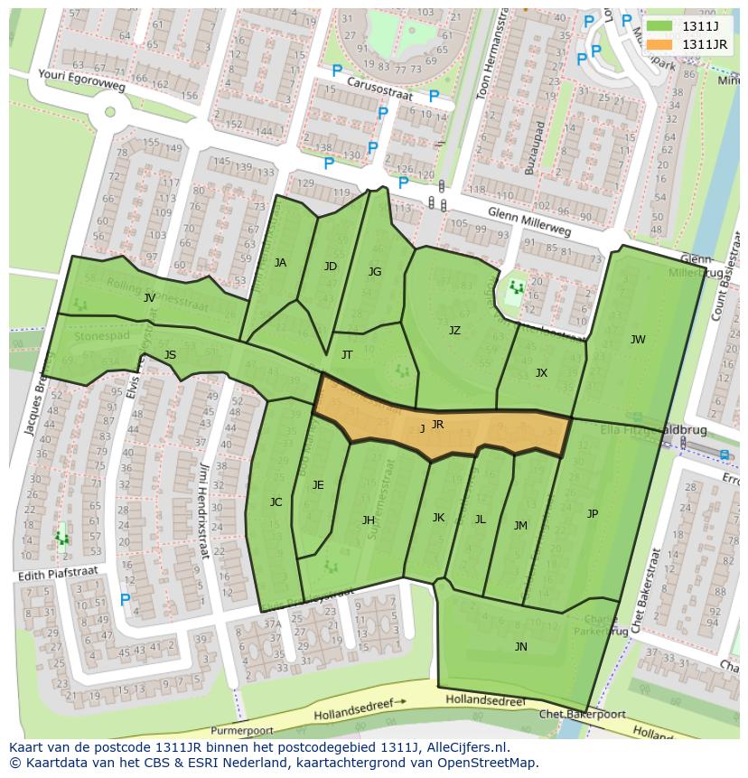 Afbeelding van het postcodegebied 1311 JR op de kaart.