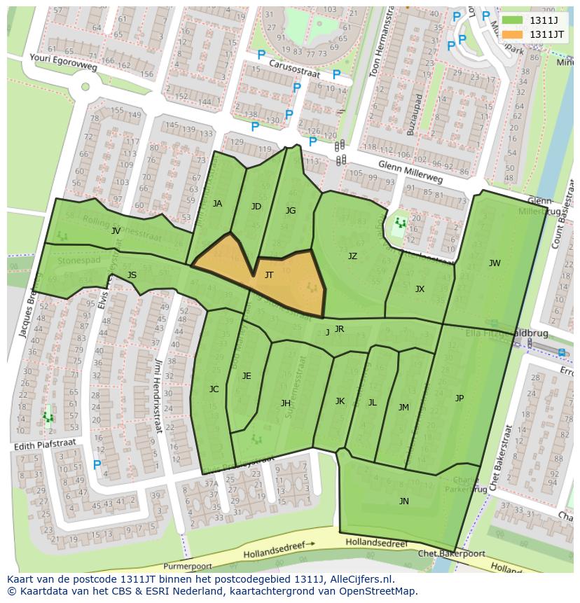 Afbeelding van het postcodegebied 1311 JT op de kaart.