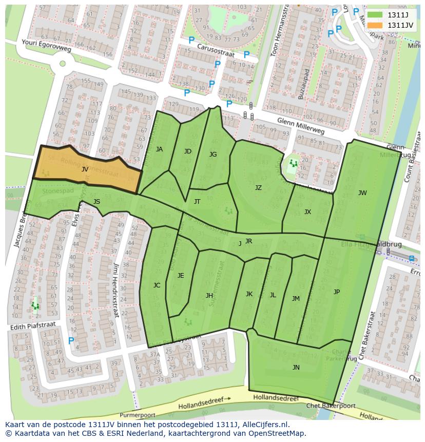 Afbeelding van het postcodegebied 1311 JV op de kaart.