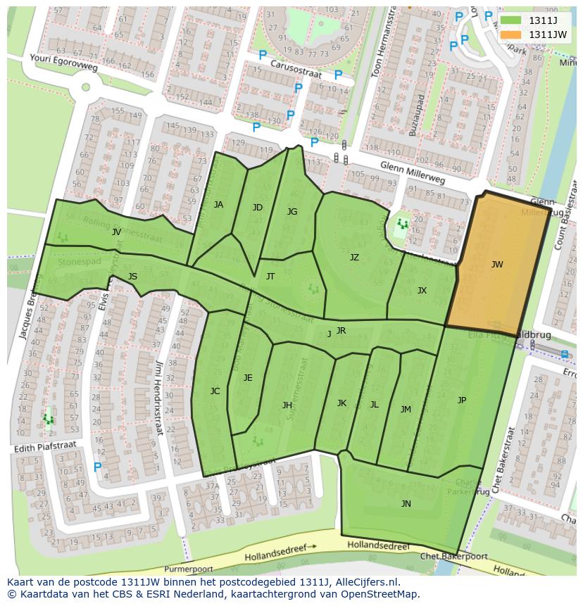Afbeelding van het postcodegebied 1311 JW op de kaart.
