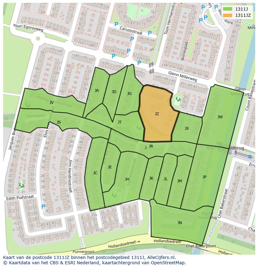 Afbeelding van het postcodegebied 1311 JZ op de kaart.