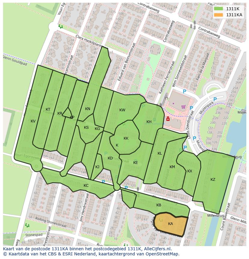 Afbeelding van het postcodegebied 1311 KA op de kaart.