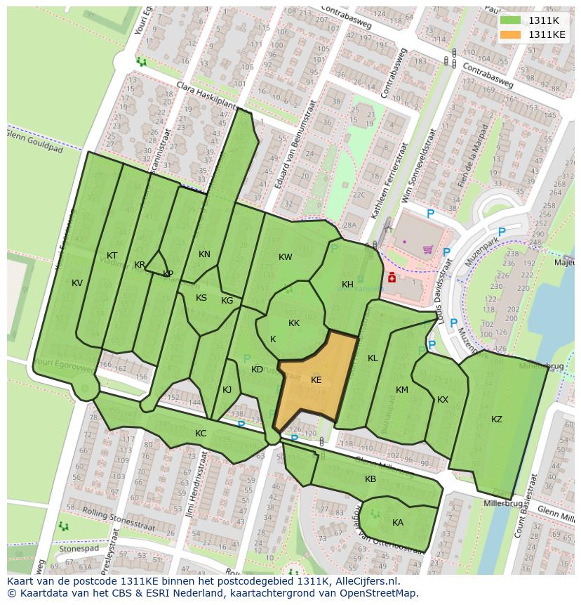 Afbeelding van het postcodegebied 1311 KE op de kaart.