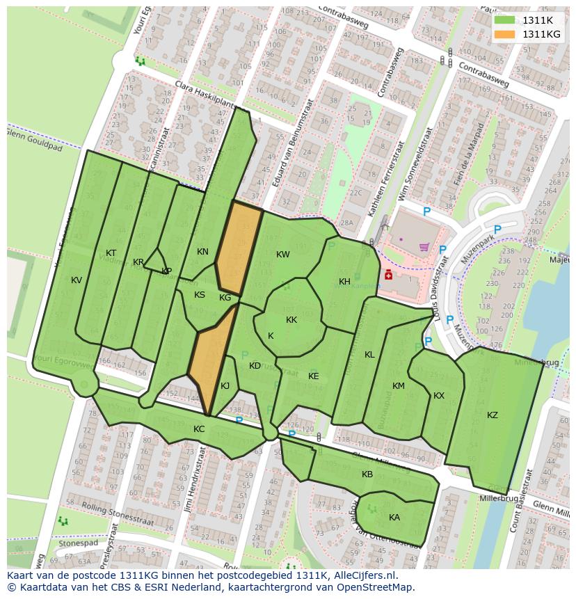 Afbeelding van het postcodegebied 1311 KG op de kaart.