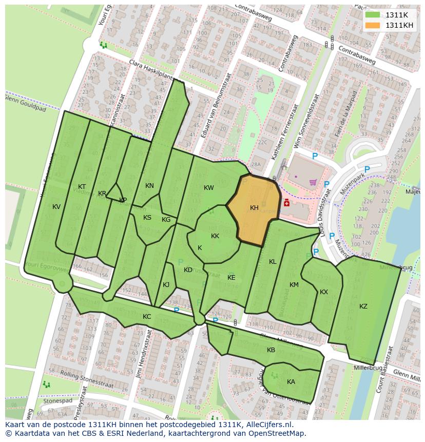 Afbeelding van het postcodegebied 1311 KH op de kaart.