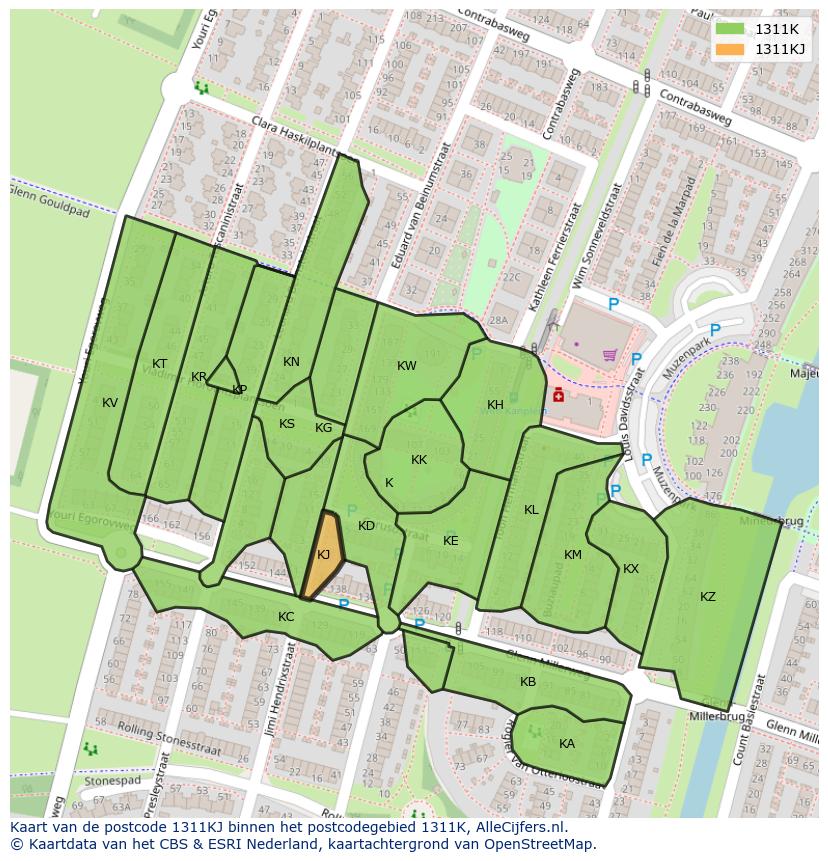 Afbeelding van het postcodegebied 1311 KJ op de kaart.