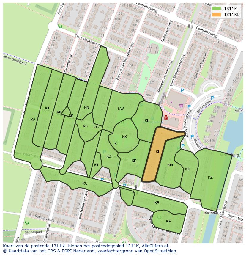 Afbeelding van het postcodegebied 1311 KL op de kaart.