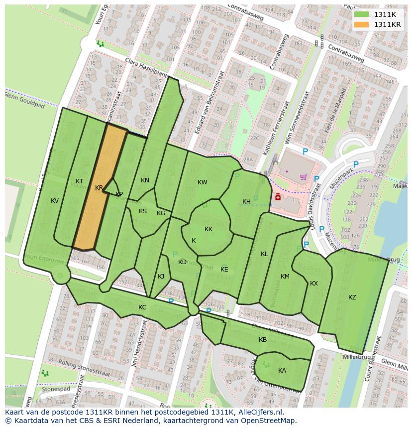 Afbeelding van het postcodegebied 1311 KR op de kaart.