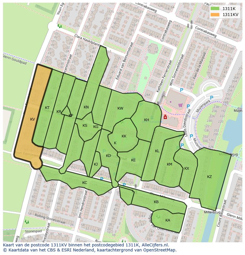 Afbeelding van het postcodegebied 1311 KV op de kaart.
