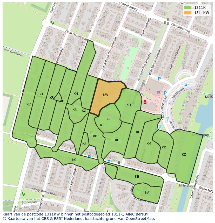 Afbeelding van het postcodegebied 1311 KW op de kaart.