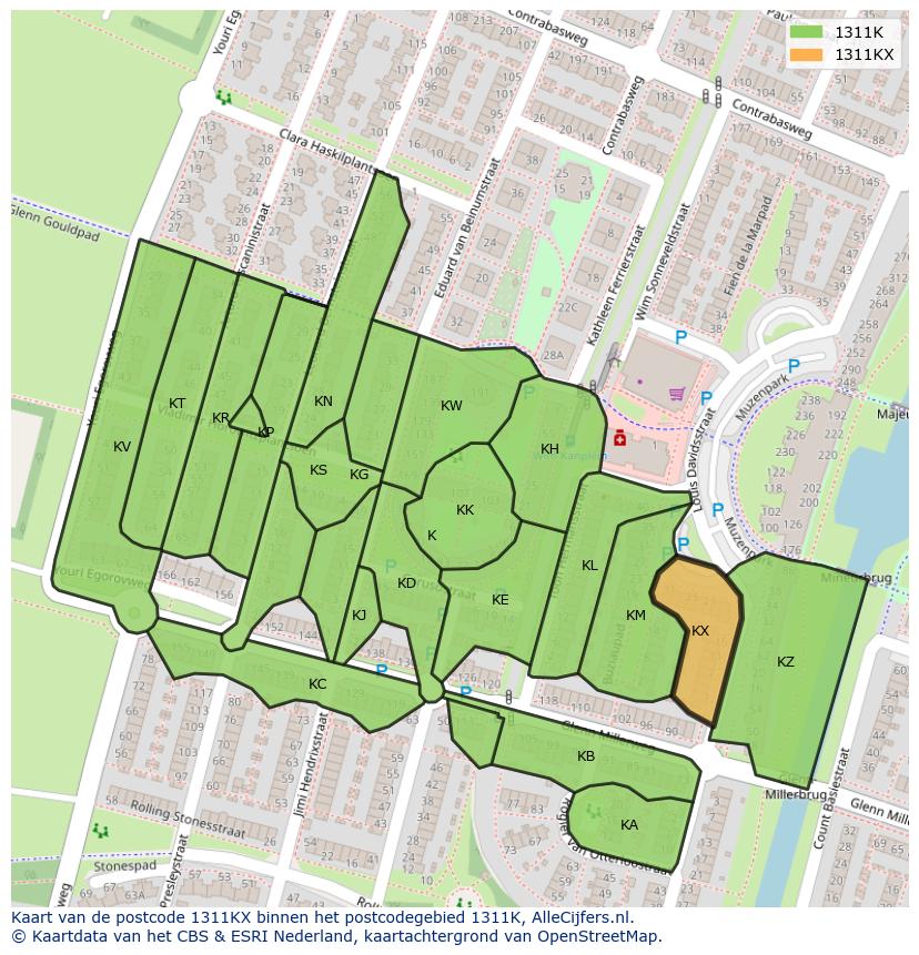 Afbeelding van het postcodegebied 1311 KX op de kaart.