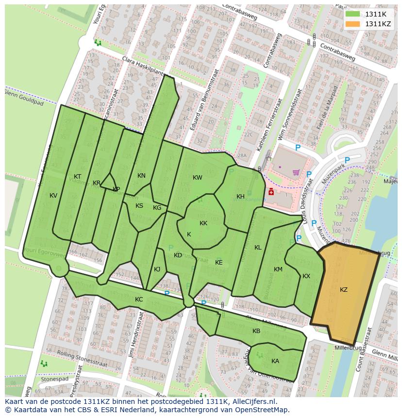 Afbeelding van het postcodegebied 1311 KZ op de kaart.
