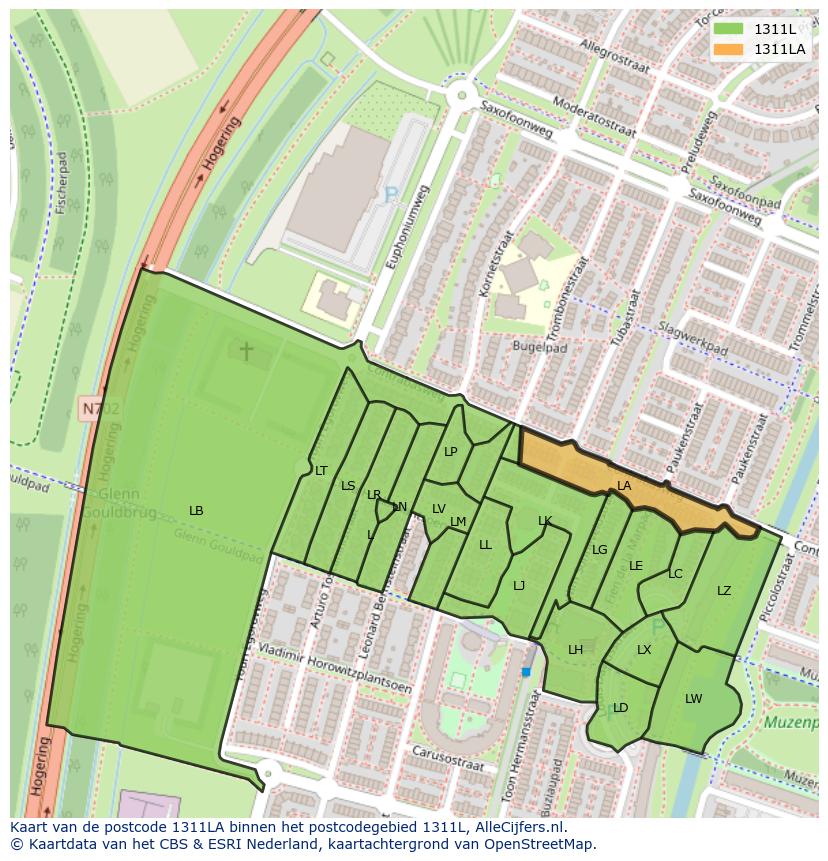 Afbeelding van het postcodegebied 1311 LA op de kaart.
