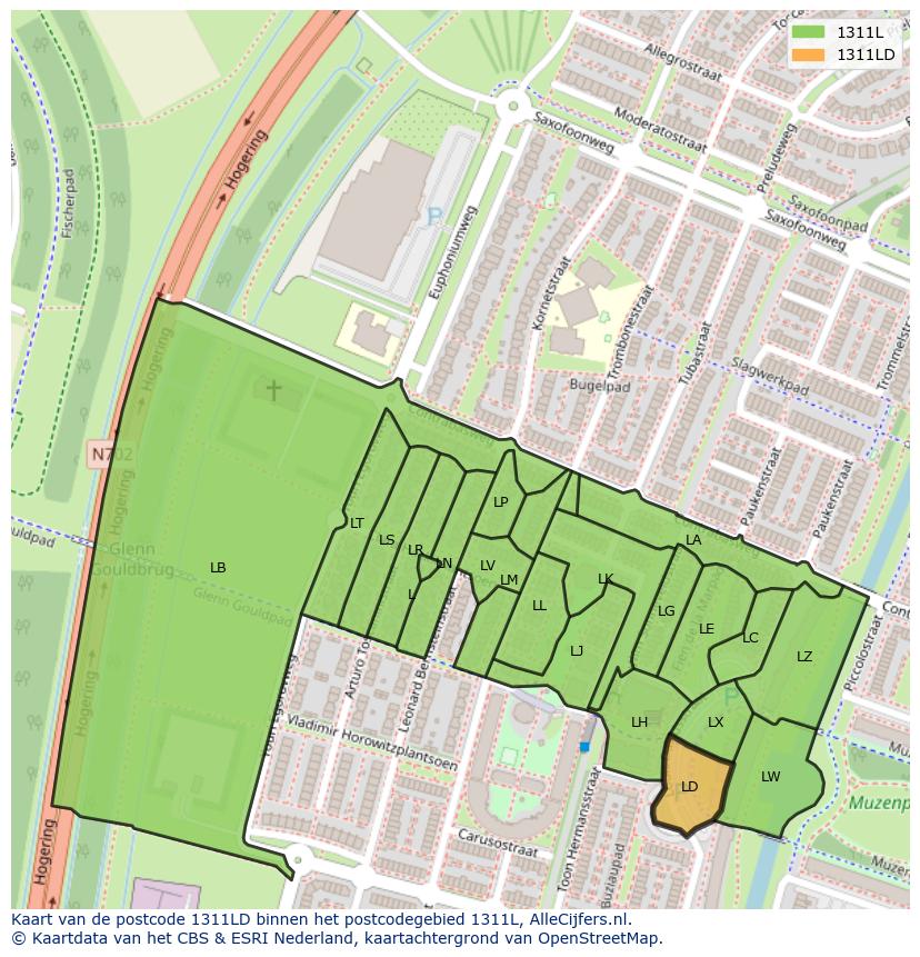 Afbeelding van het postcodegebied 1311 LD op de kaart.