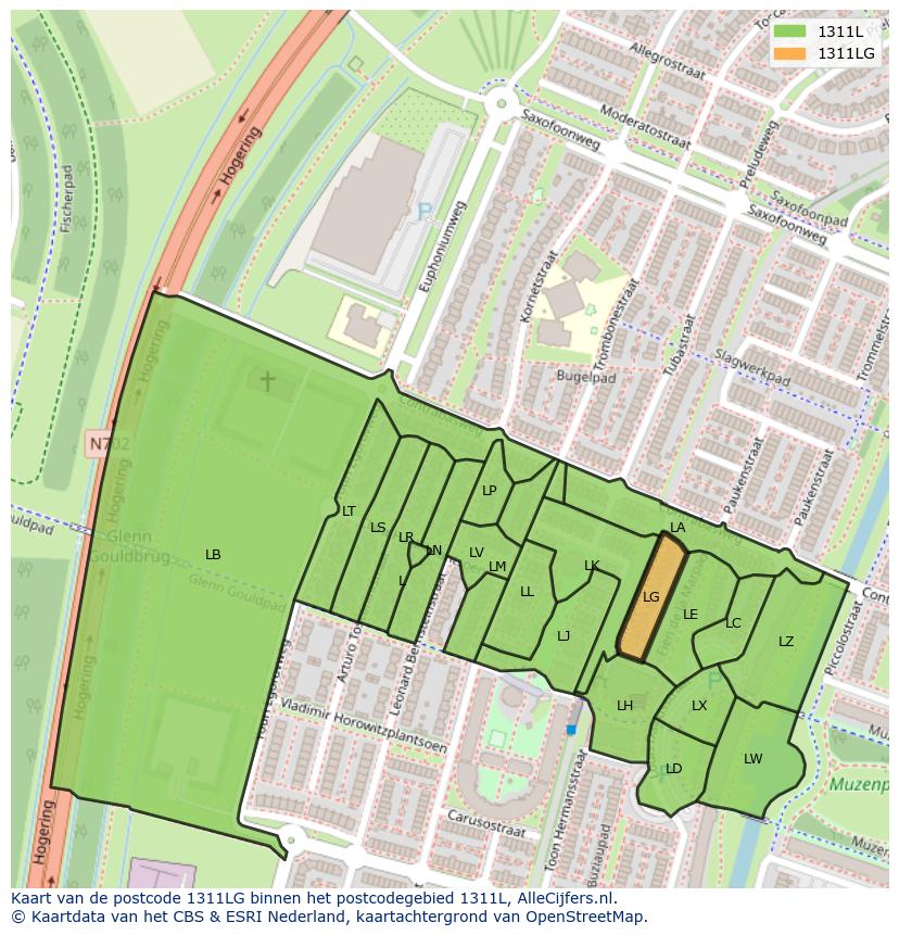 Afbeelding van het postcodegebied 1311 LG op de kaart.