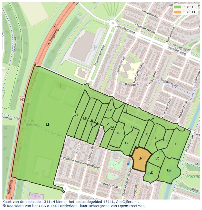 Afbeelding van het postcodegebied 1311 LH op de kaart.