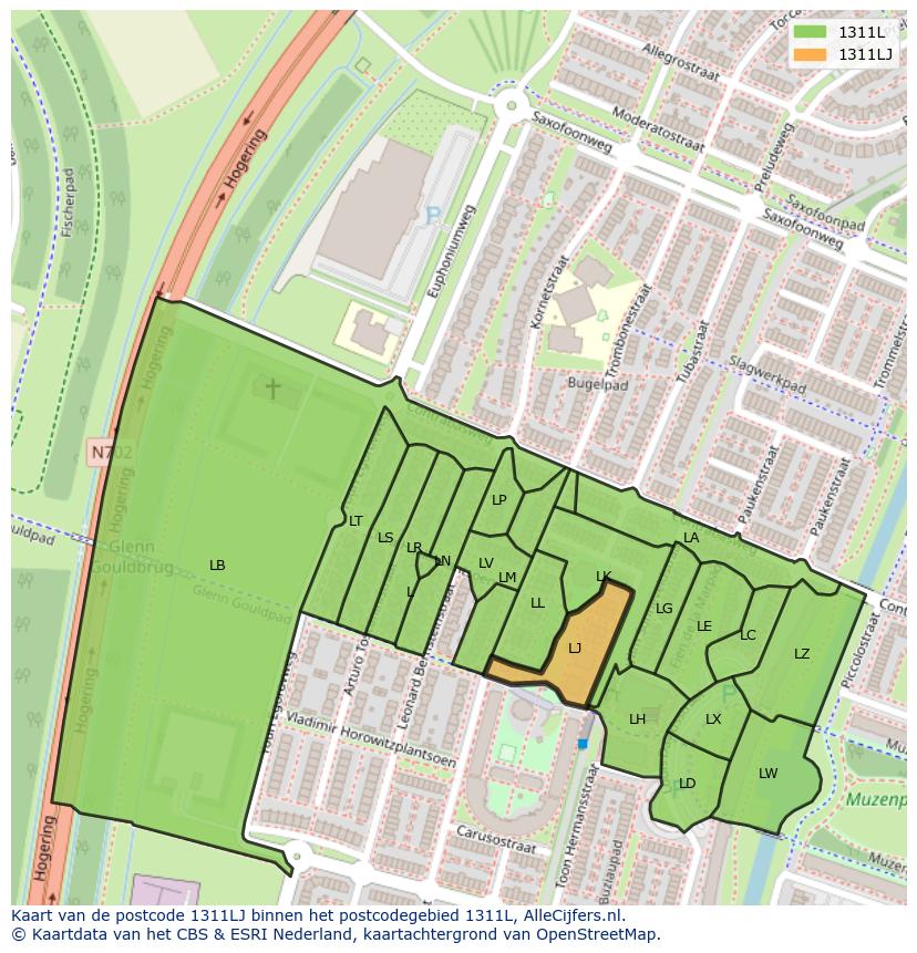 Afbeelding van het postcodegebied 1311 LJ op de kaart.