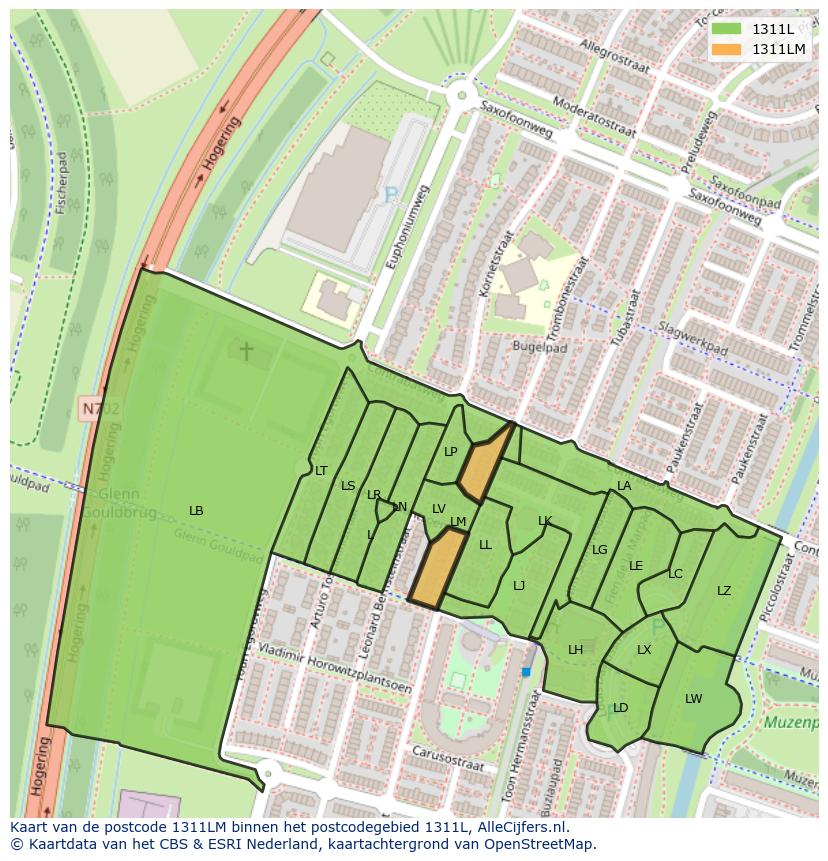 Afbeelding van het postcodegebied 1311 LM op de kaart.