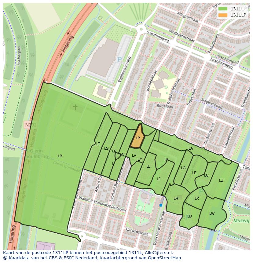 Afbeelding van het postcodegebied 1311 LP op de kaart.