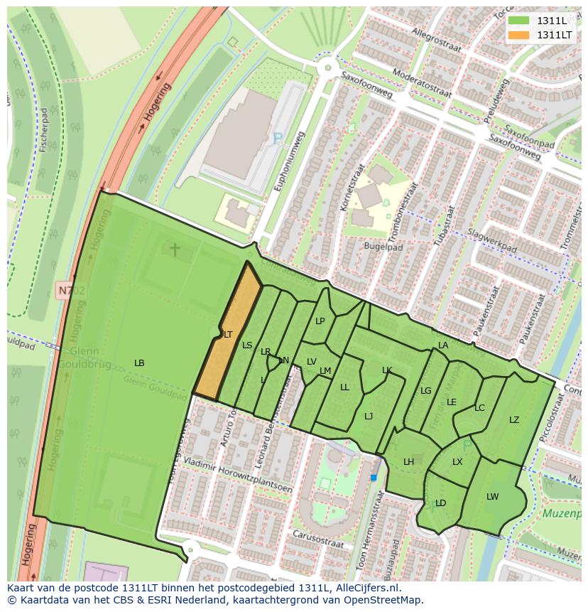 Afbeelding van het postcodegebied 1311 LT op de kaart.