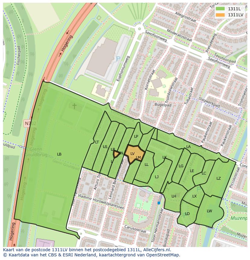 Afbeelding van het postcodegebied 1311 LV op de kaart.