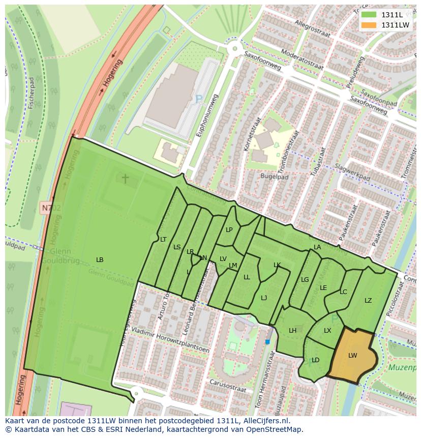Afbeelding van het postcodegebied 1311 LW op de kaart.