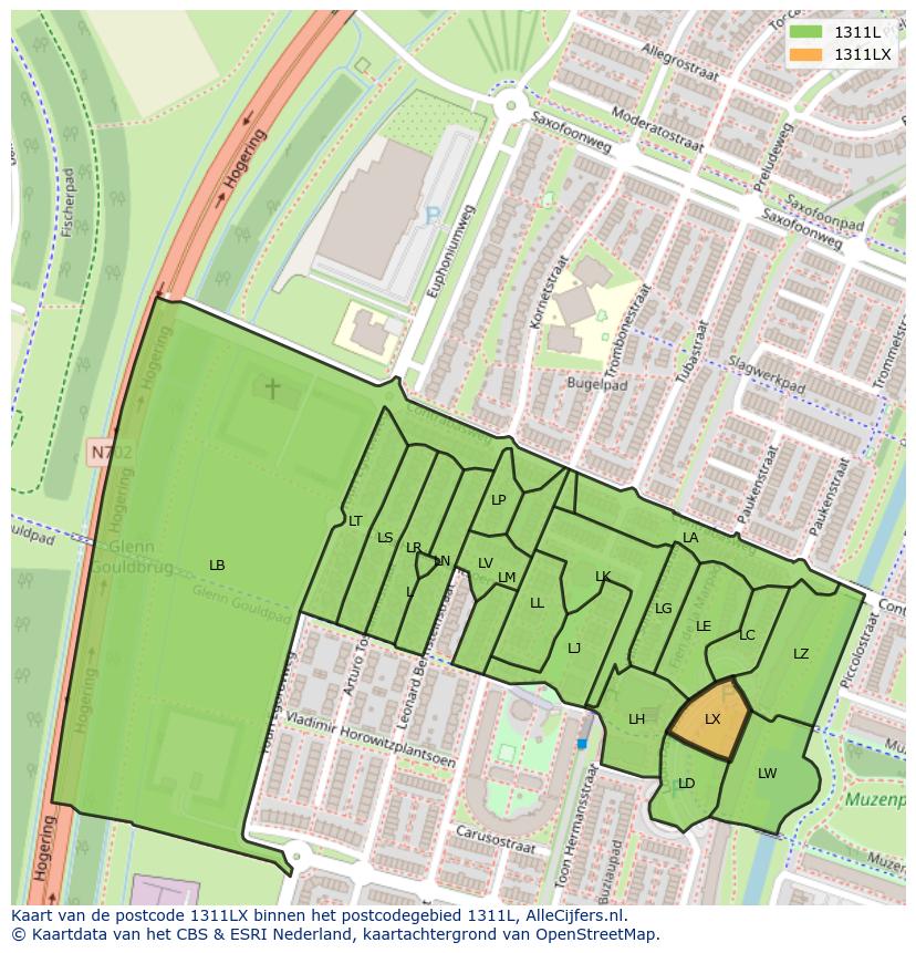 Afbeelding van het postcodegebied 1311 LX op de kaart.