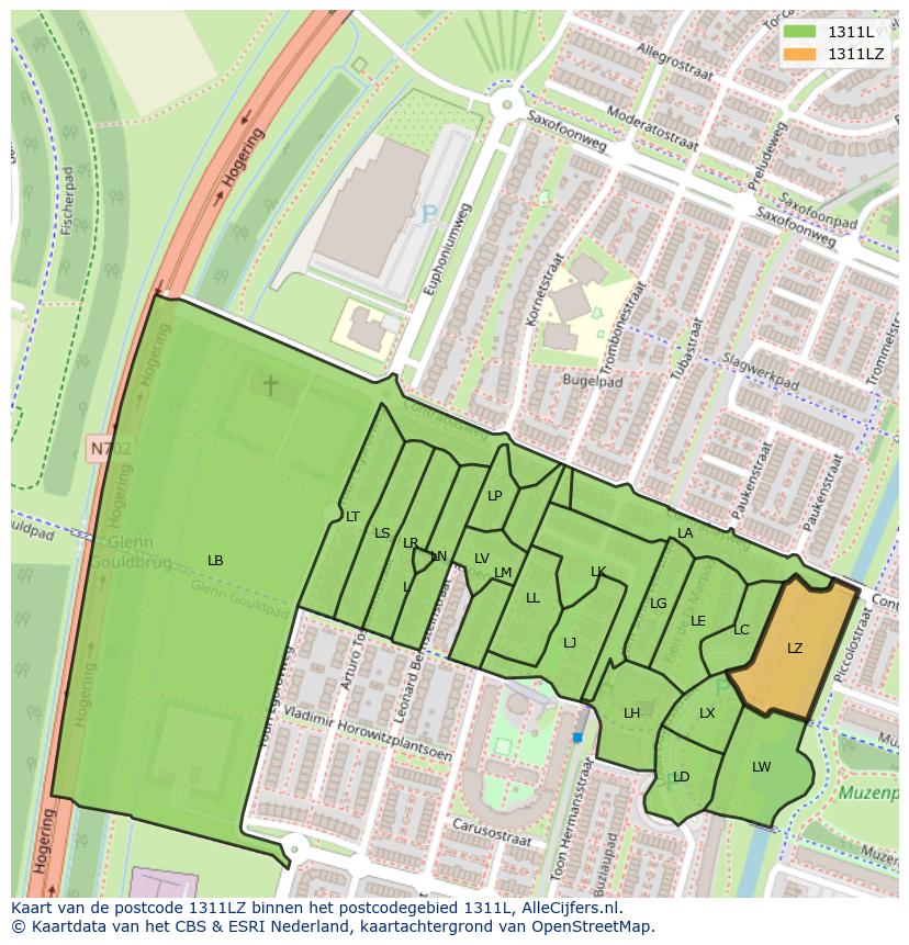 Afbeelding van het postcodegebied 1311 LZ op de kaart.