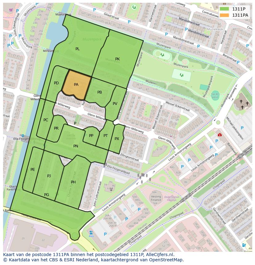 Afbeelding van het postcodegebied 1311 PA op de kaart.