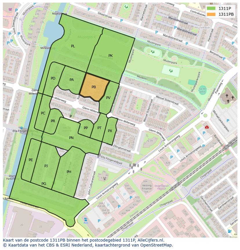 Afbeelding van het postcodegebied 1311 PB op de kaart.